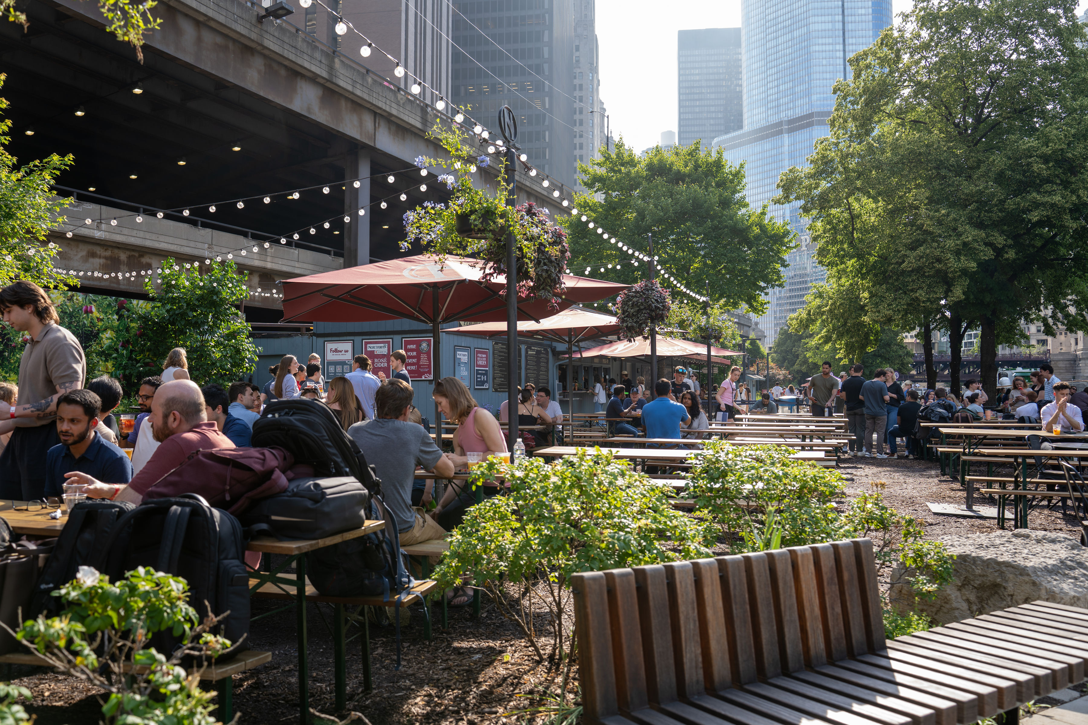 Vibrant outdoor seating at The Northman Beer Garden